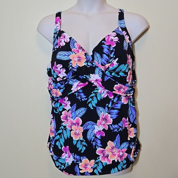 Lands End Women's Tankini Swim Top Size 24W Floral Twist Front Underwire - Picture 1 of 16